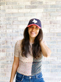 Texas State Shape baseball hat. Hat color: Navy with Red bill and White felt