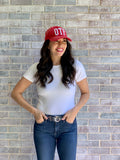 Faded Red hat with White OTP (outside the perimeter) letters